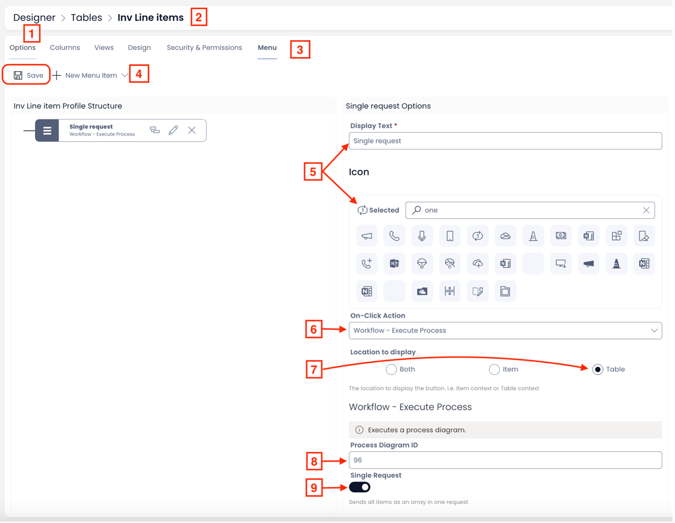 Image showing configuration of Menu for single request